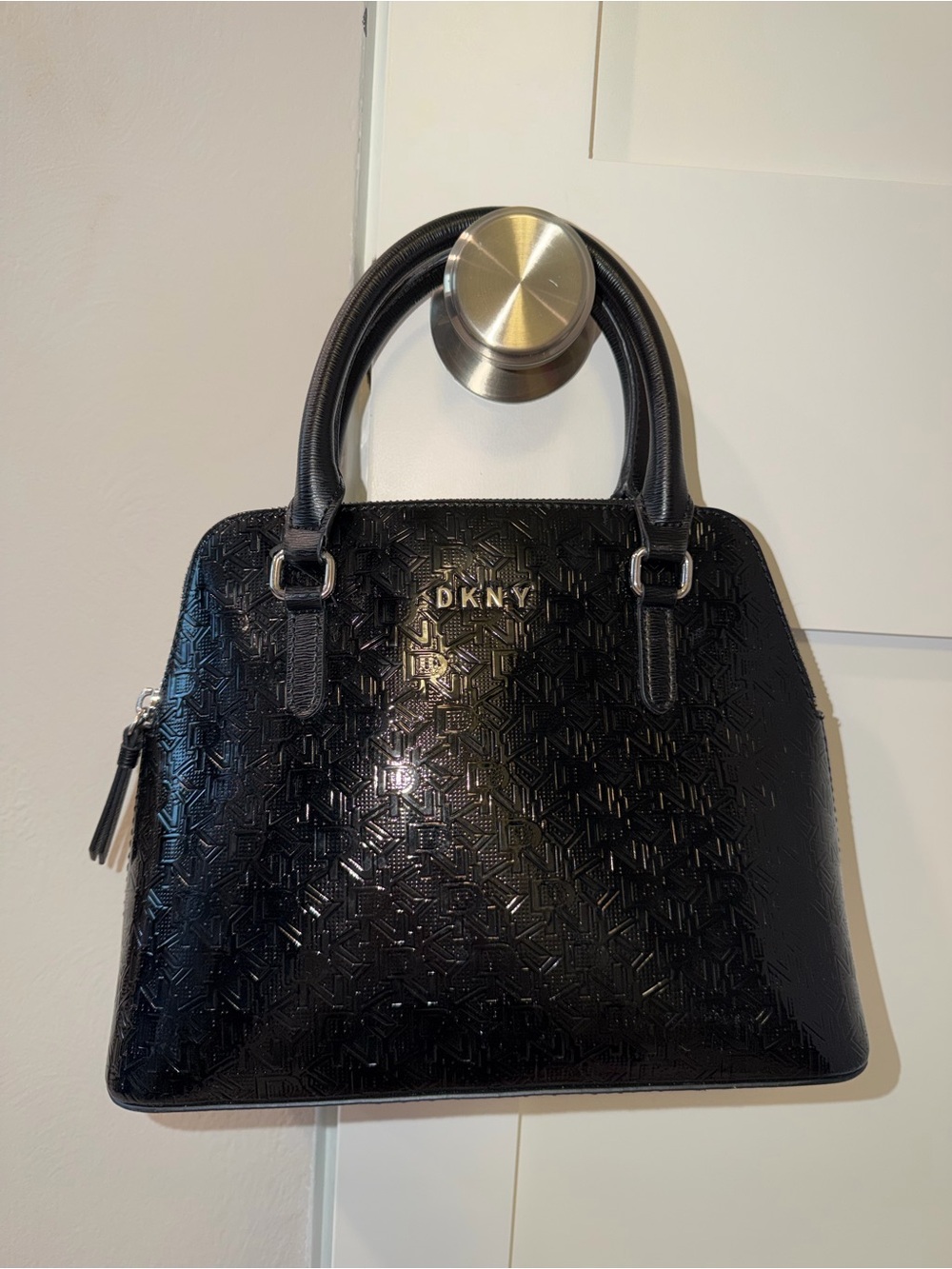DKNY Black Embossed Patent Satchel With Top Handles